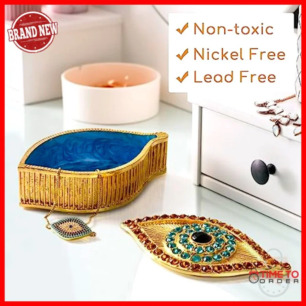Handmade Evil Eye Jewelry Box Gold Keepsake Magnetic Closure Crystals Boho Decor - Picture 6 of 7